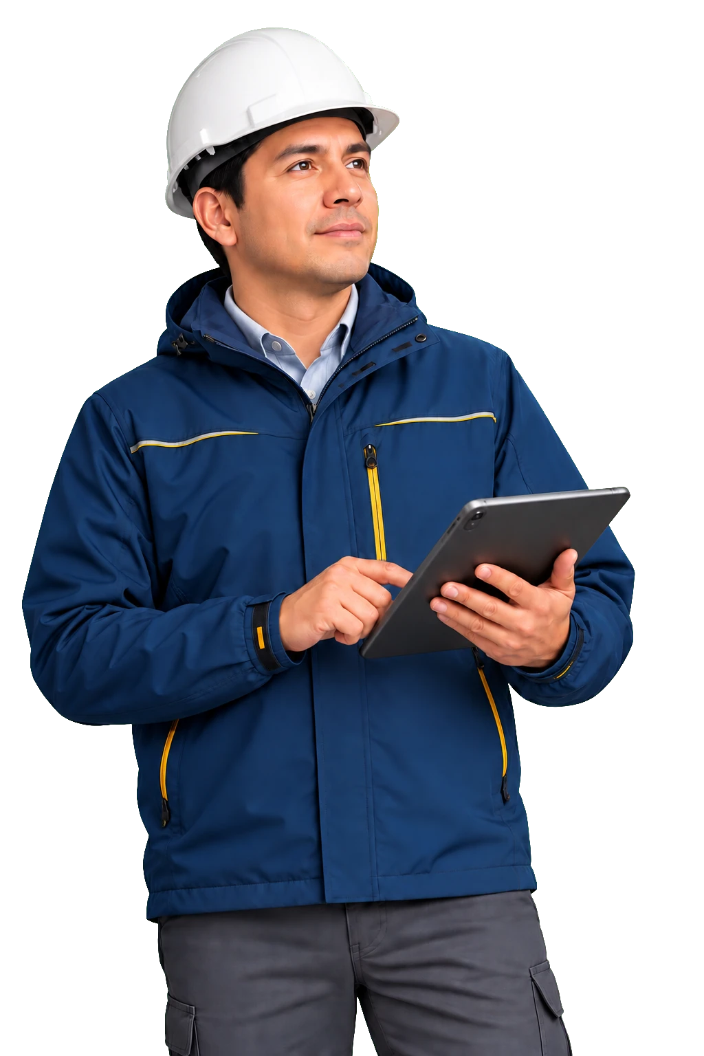 Ingeniero de telecomunicaciones conceptual revisando un proyecto en una tableta
