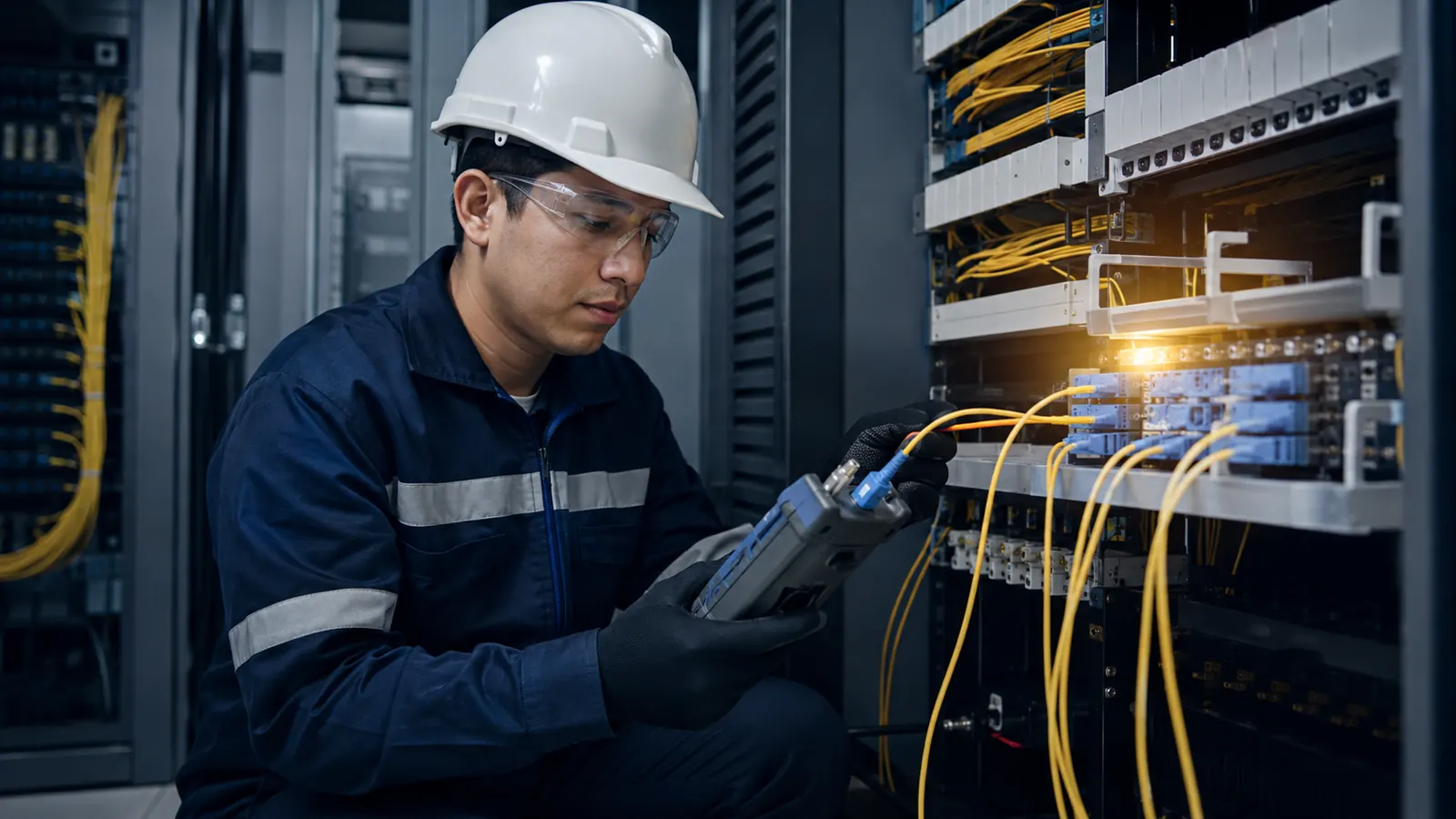 Imagen conceptual temporal de una inspección profesional de fibra óptica